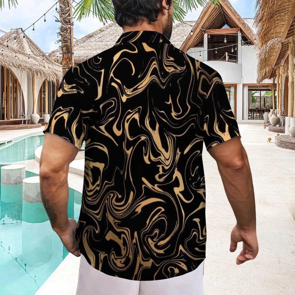 Luxurious Men's Ink-printed Shirt with Golden Marble Pattern Design. 100% Polyester Fiber. Quick-drying Summer Custom-made Style