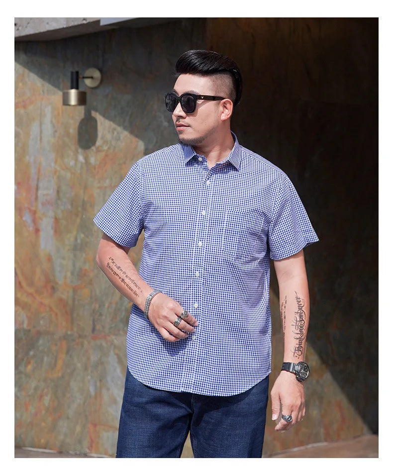 100% Cotton 5XL 6XL 7XL 8XL 12XL Men's Plus Size Shirts Fashion Casual Classic Style Comfortable Plaid Short Sleeve Shirt Male