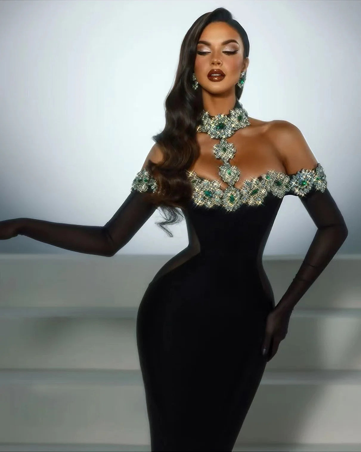 ED2679 High Quality Women Fashion Crystal Dress Women Rhinestone Dresses With Sleeve Bandage Dress