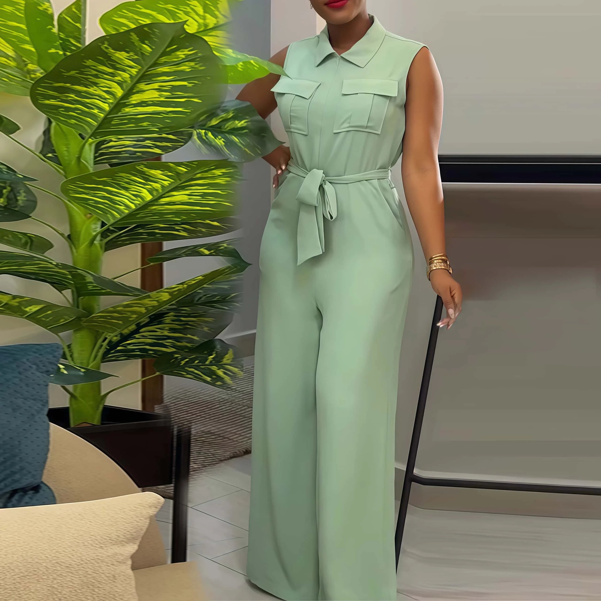 HK7041Fashion Women Jumpsuit Lady Elegant Solid Color Lapel Collar Pocket Sleeveless Lace up Waist Wide Leg Jumpsuit for Women