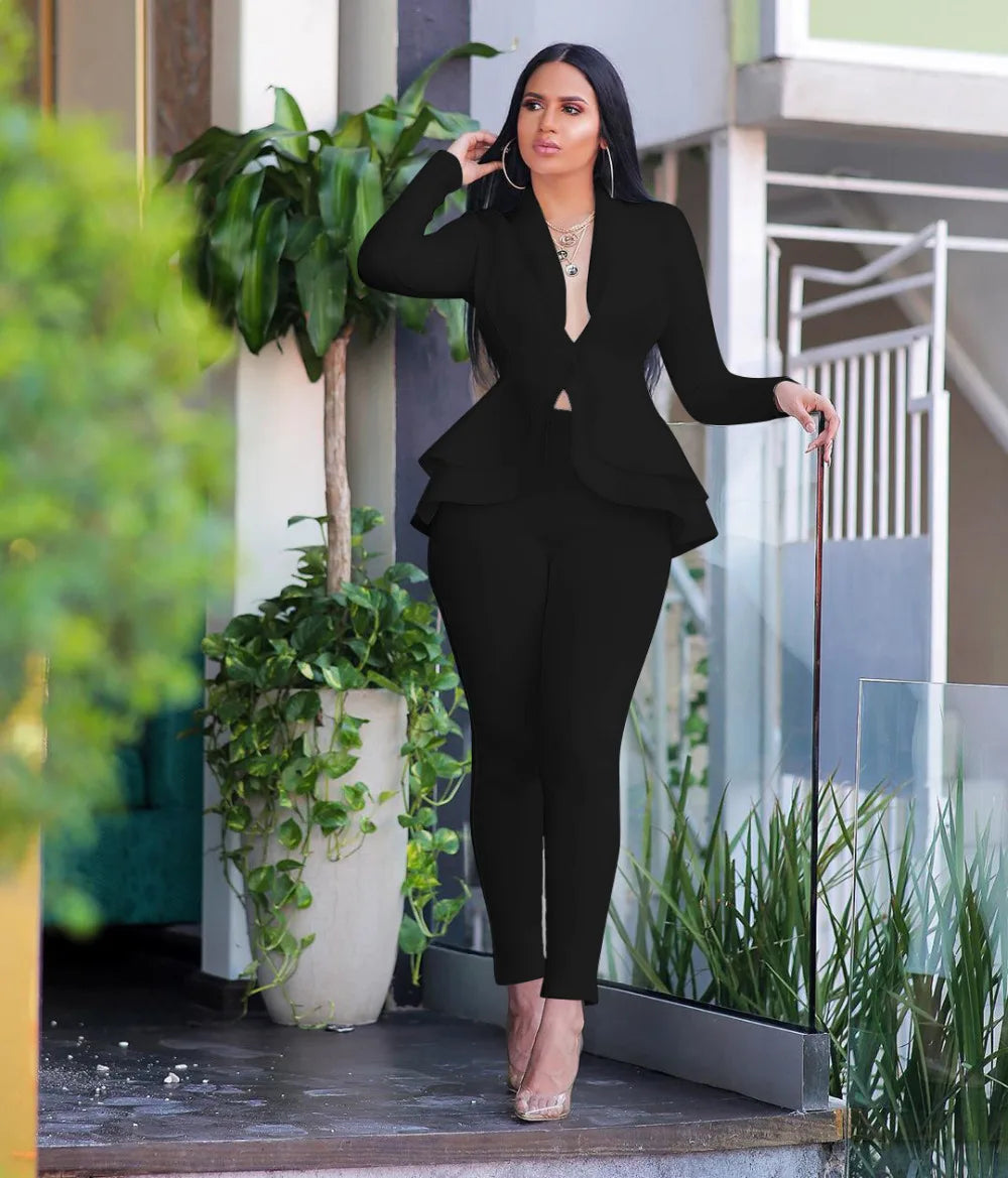 New 2025 Women Long Sleeve Solid Ruffles Design Top & Skinny Pencil Pant Sets Two Piece Set Women Outfits