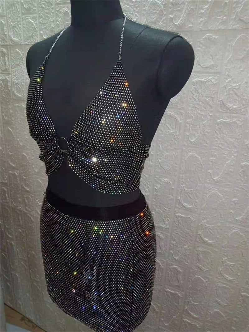 Sexy Rhinestones Fishnet Party Crystal Deep V Crop Top Rhinestone Chainmail Halter Draped Bra Ladies Club Crop Top