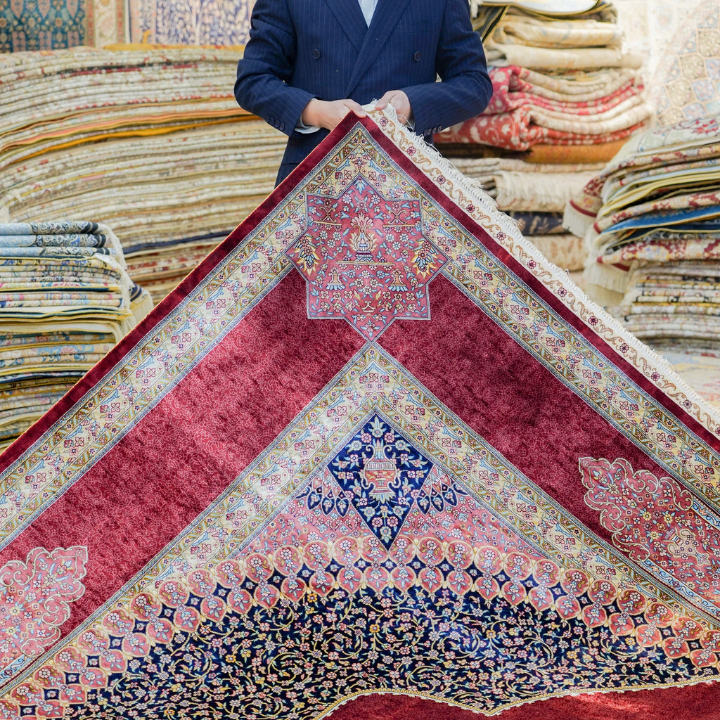 9x12ft Persian Red Hand Knotted Oriental Silk  Rugs Living Room Large Turkish Made in Turkey Silk Rug
