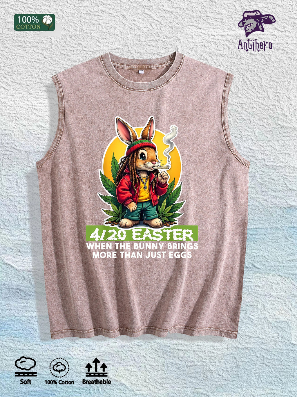 4/20 Easter Bunny Graphic Washed Vest US Warehouse 3 Colors Cotton Tank