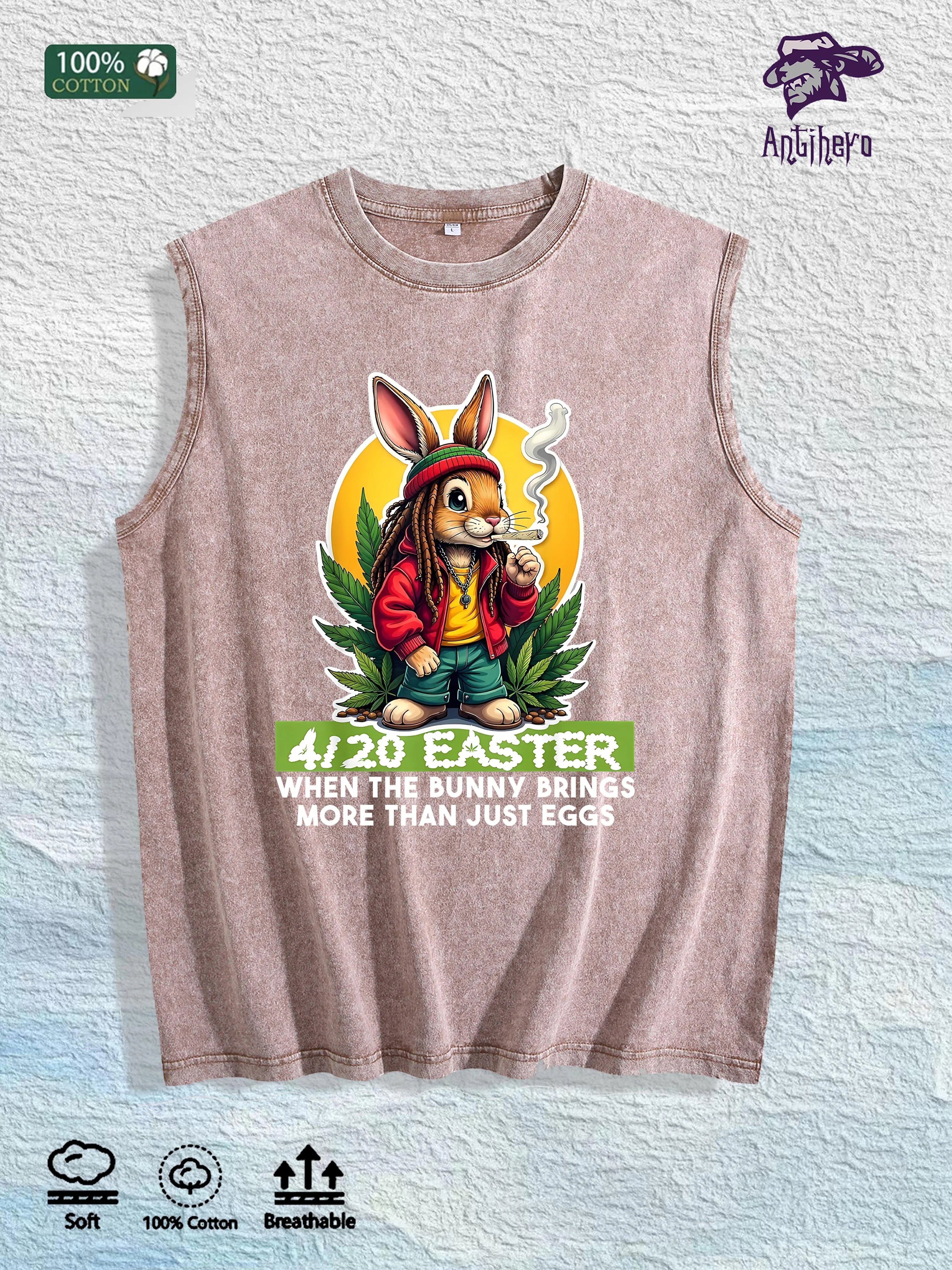 4/20 Easter Bunny Graphic Washed Vest US Warehouse 3 Colors Cotton Tank