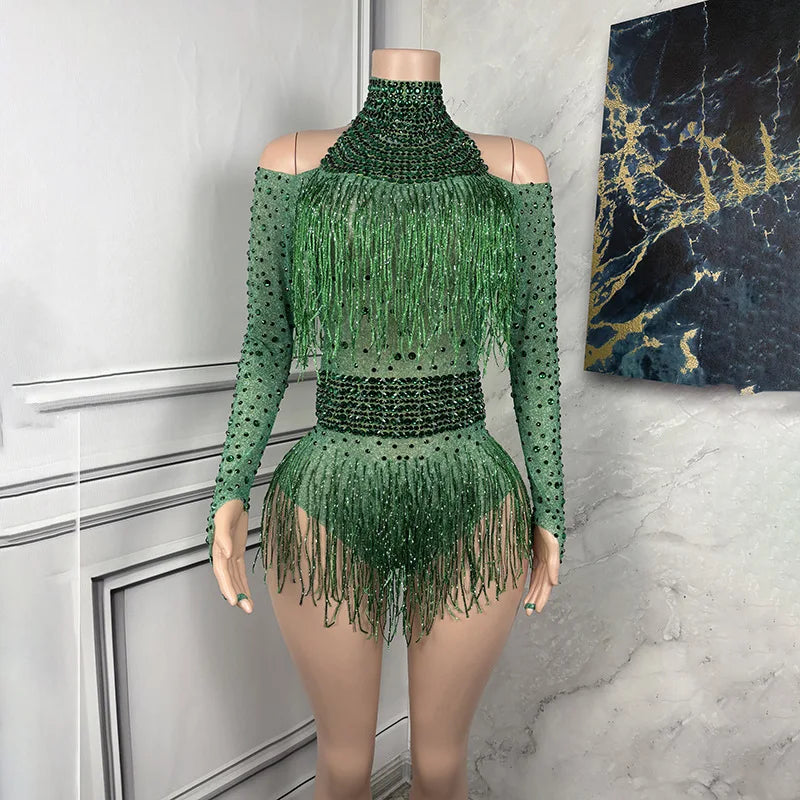 Latin Dance Costume Music Festival Disco Dancing Show Ball Evening Wear Birthday Party Banquet Dinner Rhinestone Mesh Jumpsuit