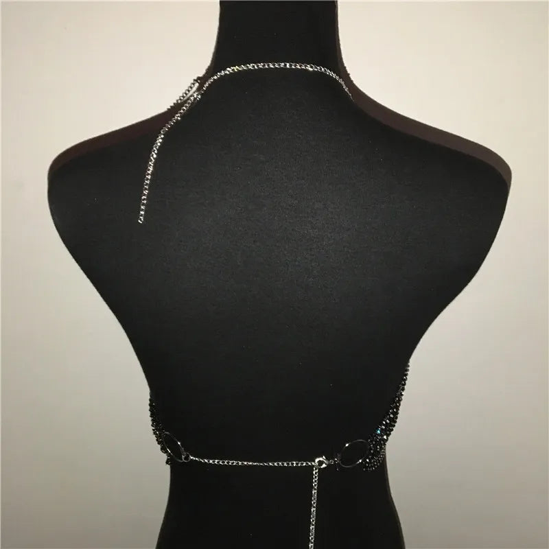 Sexy Rhinestones Fishnet Party Crystal Deep V Crop Top Rhinestone Chainmail Halter Draped Bra Ladies Club Crop Top