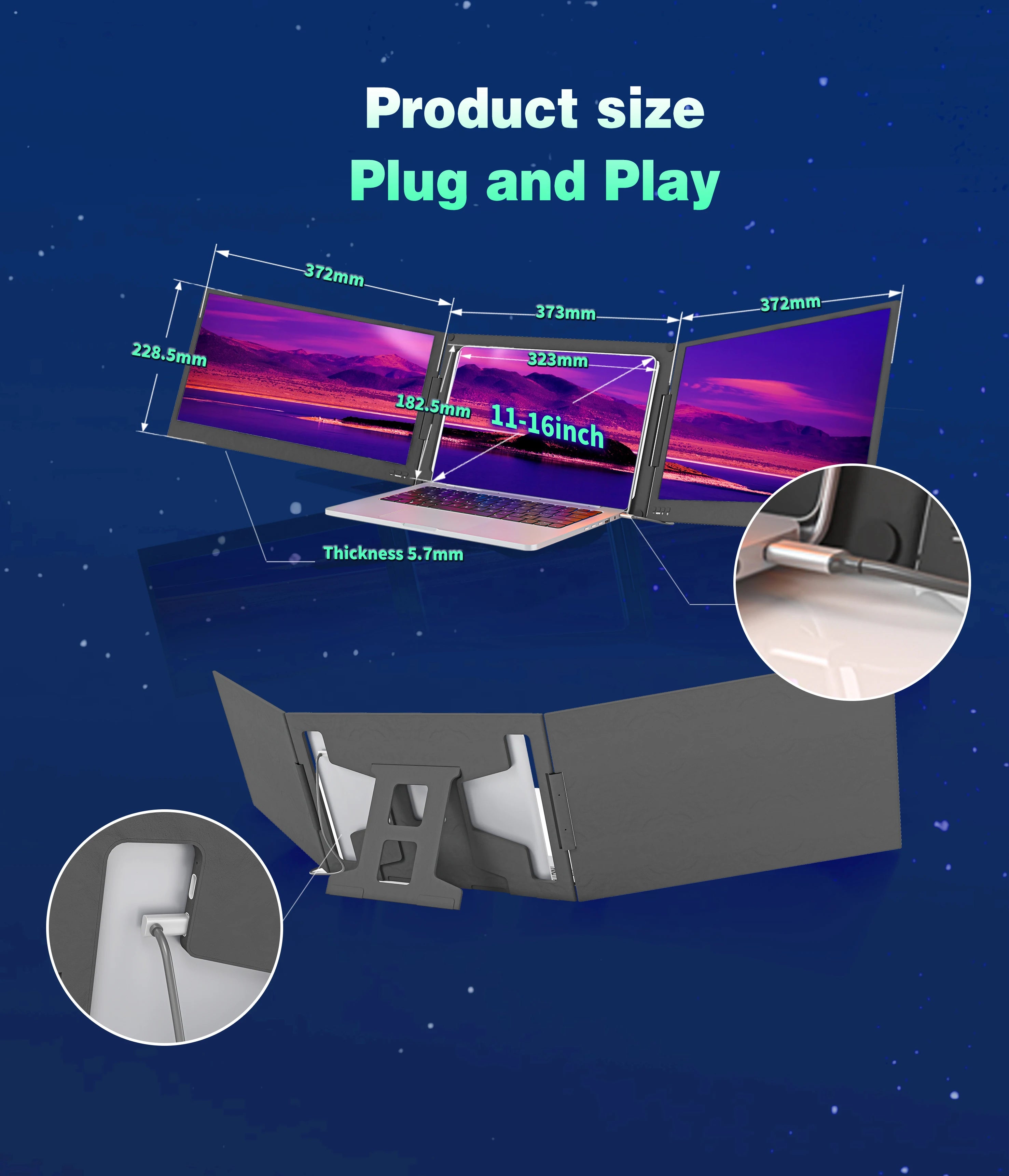 OEM/ODM Factory Portable Triple Screen Monitor Dual 15.6 Inch 1080P LCD IPS TFT Panel Laptop Screen Extender