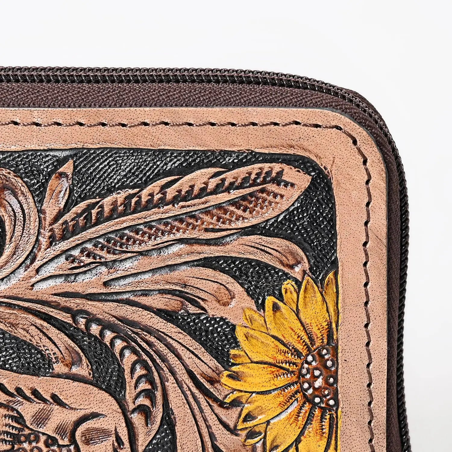 Luxury Hand Tooled Cowhide Leather Bifold Wallet for Women RFID Blocking Western Purse