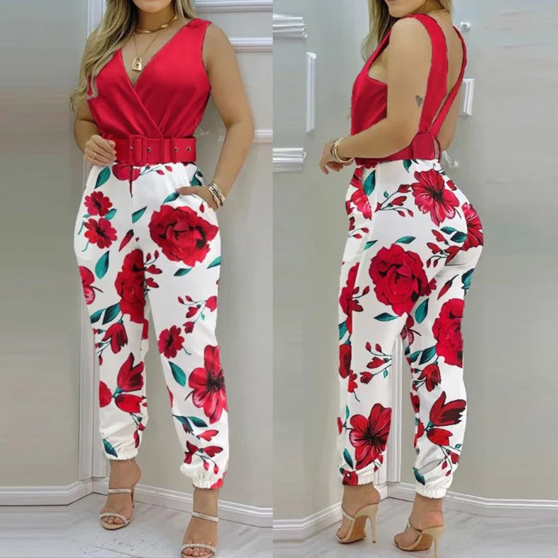 XY1012 2022 New Arrivals V-neck High Waist Backless Printed Jumpsuit Women Summer Jumpsuits With Belt