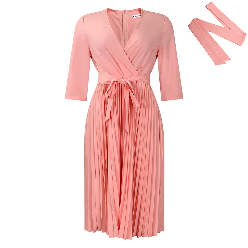 Women's Dress 2024 New Style Casual Elegant Solid Color V-neck Long Sleeve Pleated Skirt