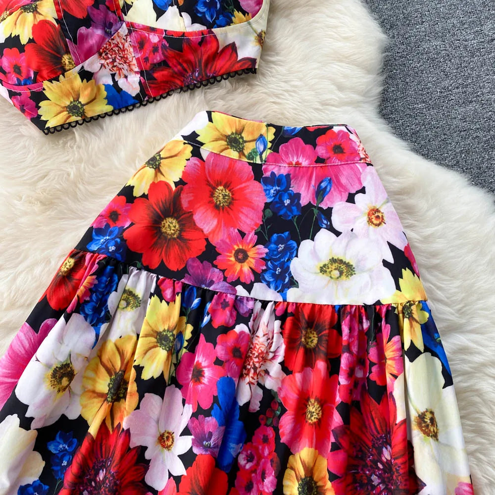 ANSZKTN and the United States Vacation Style ANSZKTN Print Suit Female Short Sling Top Pleated Skirt Set