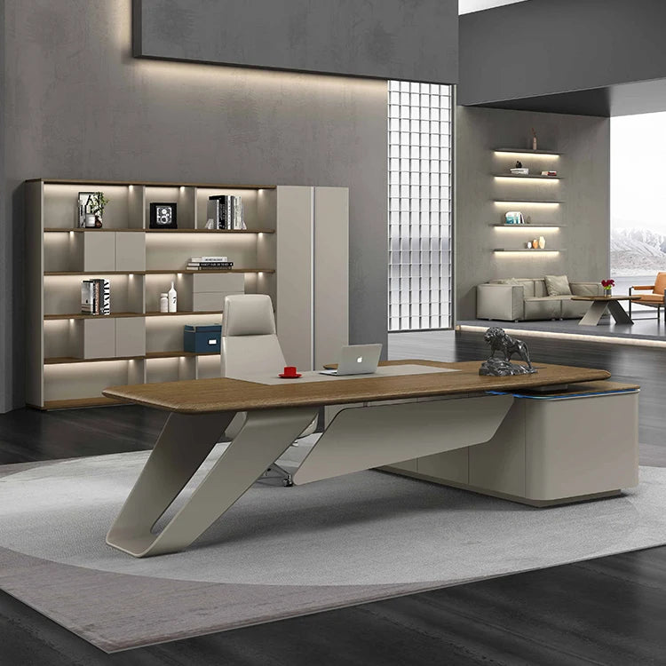 Luxury L-Shape MDF Wood Executive Office Desk with Side Cabinet Modern Design for Office Building Boss CEO Managers