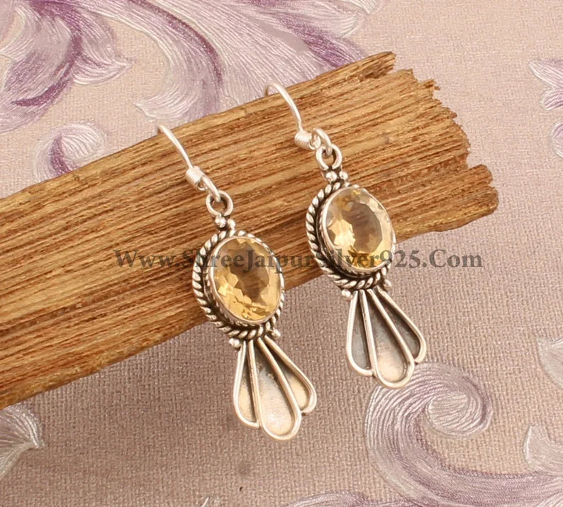 Handmade Designer Antiqued 925 Sterling Silver Hoop Earrings Natural Citrine Oval Gemstone Rhodium Plated for Weddings