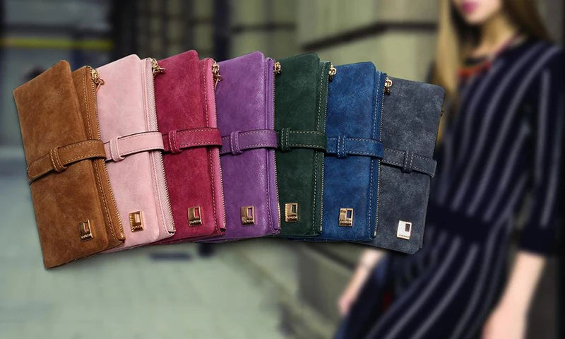 Vintage Women Long Standard Wallets Purse Fold Drawstring Nubuck Leather Zipper Suede Bag Female Simple Design Clutch Handbags