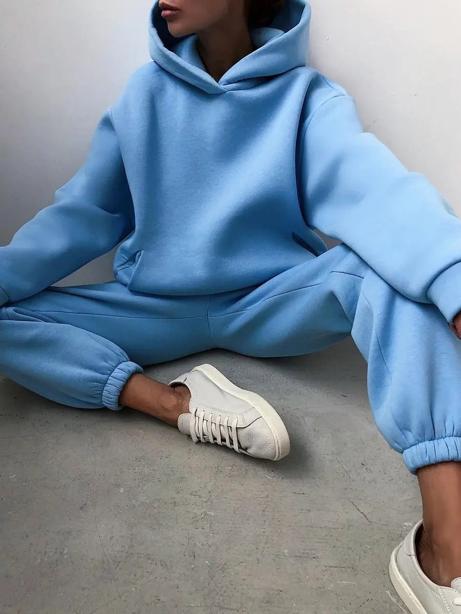 Women's Tracksuit Suit Winter Fashion Warm Hoodie Sweatshirts Two Pieces Oversized Solid Casual Hoody Pullovers Long Pant Sets