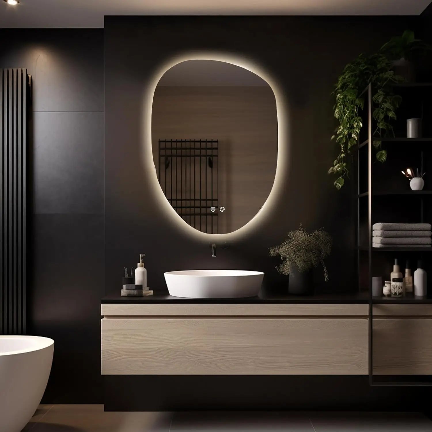 WallBeyond 23 X 32 Inch Tempered Glass LED Bathroom Vanity Mirror Wall Mount with Lights Clear Irregular Shape