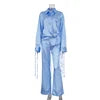 2024 New Fashionable Satin Blue Striped Long Sleeve Belted Shirt Wide Leg Long Pants 2 Piece Outfit Set Woman Pants and Shirt