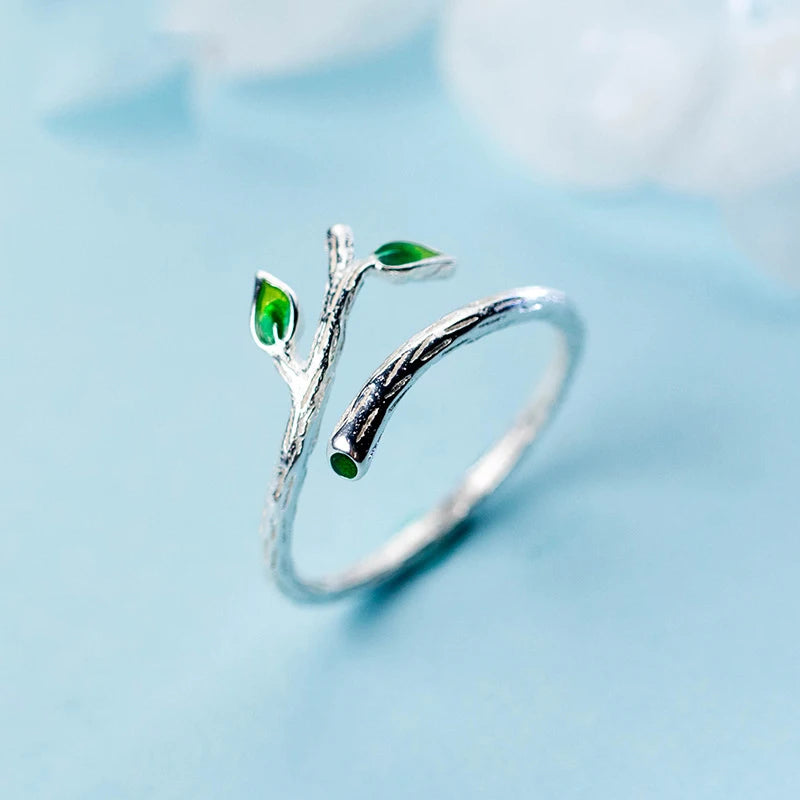 Hot Selling Wholesale 925 Sterling Silver Enamel Green Leaves Rings for Women Jewelry