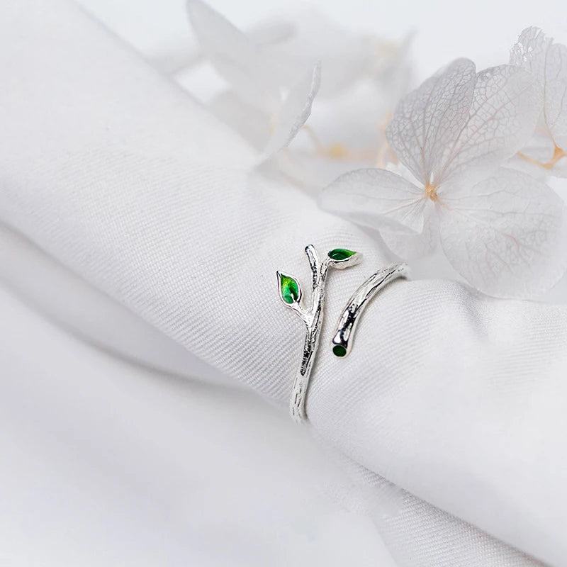 Hot Selling Wholesale 925 Sterling Silver Enamel Green Leaves Rings for Women Jewelry