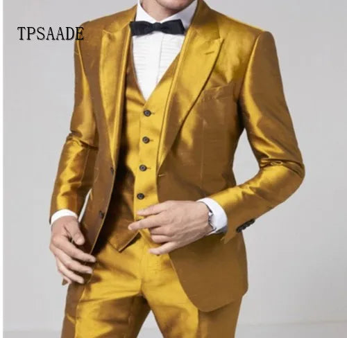 Gold 3 Piece Coat Pant Wedding Slim Real Picture Men Suit WF704
