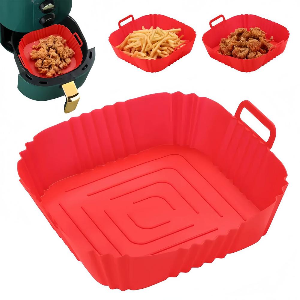 Square Silicone Air Fryer Liner Reusable Non-Stick Basket with Handles, Heat-Resistant Baking Tray for Air Fryer/Oven/Microwave