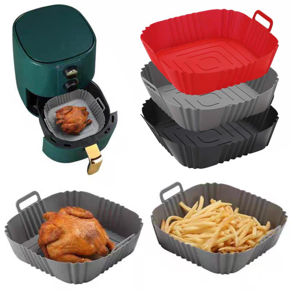 Square Silicone Air Fryer Liner Reusable Non-Stick Basket with Handles, Heat-Resistant Baking Tray for Air Fryer/Oven/Microwave