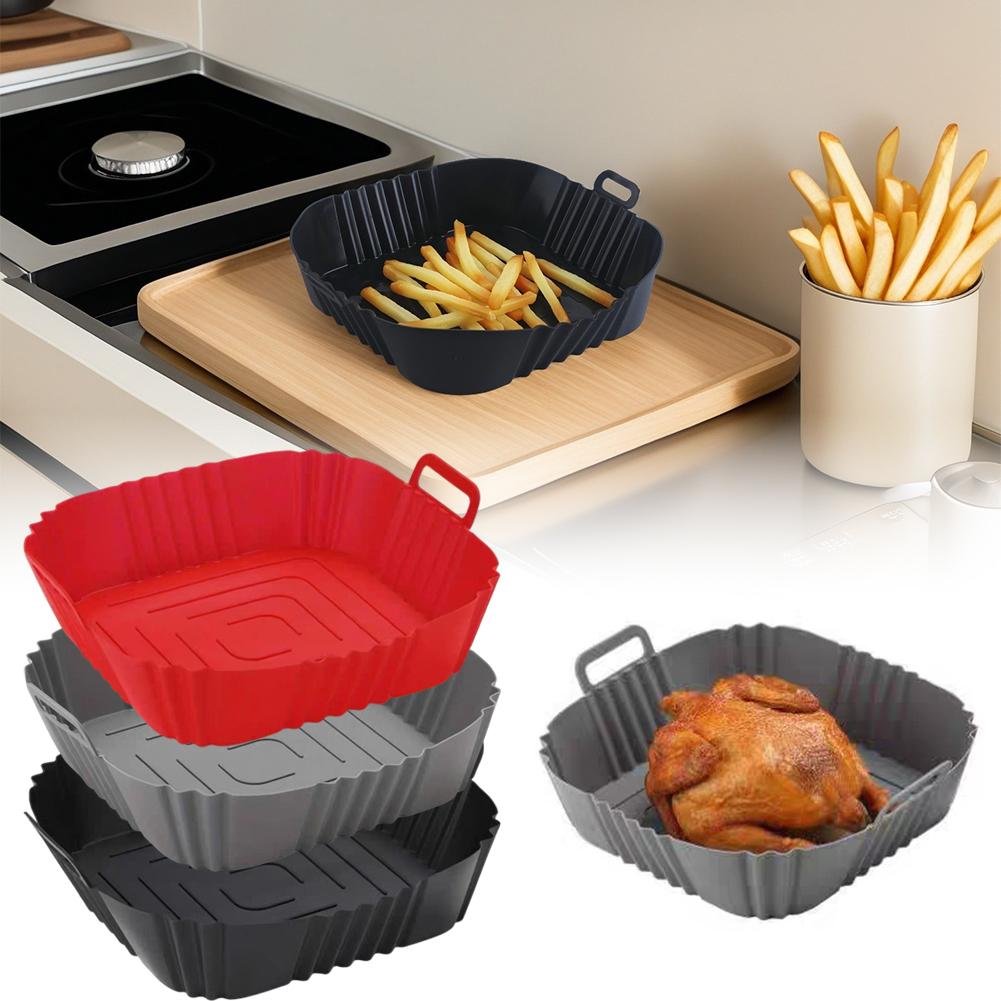 Square Silicone Air Fryer Liner Reusable Non-Stick Basket with Handles, Heat-Resistant Baking Tray for Air Fryer/Oven/Microwave