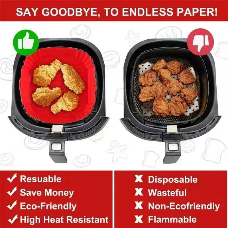 Square Silicone Air Fryer Liner Reusable Non-Stick Basket with Handles, Heat-Resistant Baking Tray for Air Fryer/Oven/Microwave