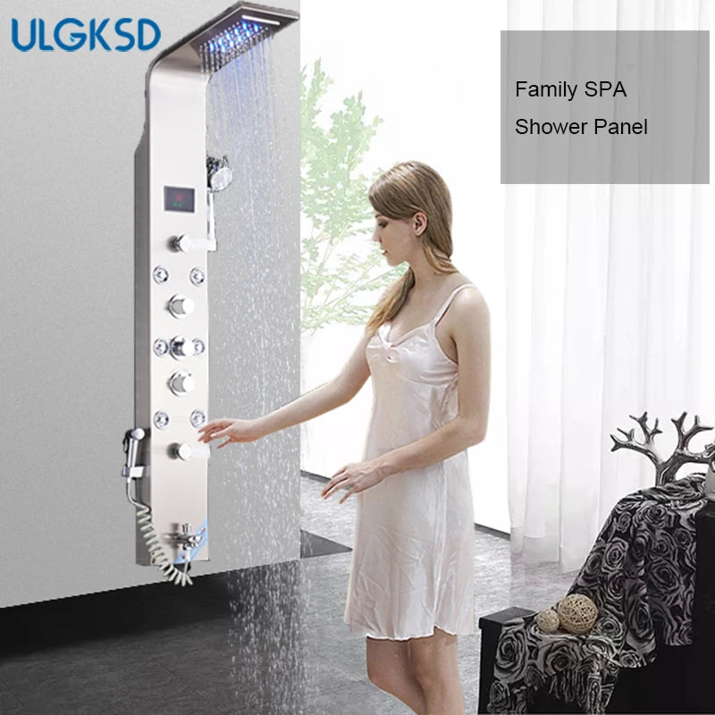 ULGKSD Black/Brushed Bathroom Shower Faucet LED Shower Panel Column Bathtub Mixer Tap With Hand Shower Temperature Screen