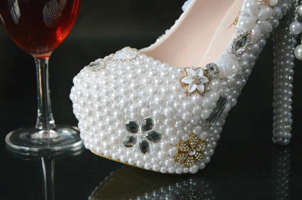 BS031 White Color Rhinestone Pearls Wedding High Heel Shoes Women up Heel Platform Shoe Size 35-42 Lady's Party Shoes 14cm Heels
