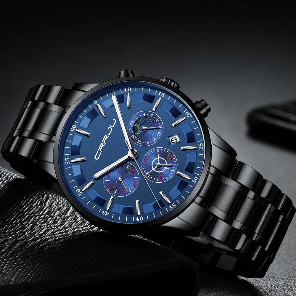 CRRJU Mens Watches Top Brand Luxury Fashion Business Quartz Watch Men Sport Full Steel Waterproof Black Clock Relogio Masculino