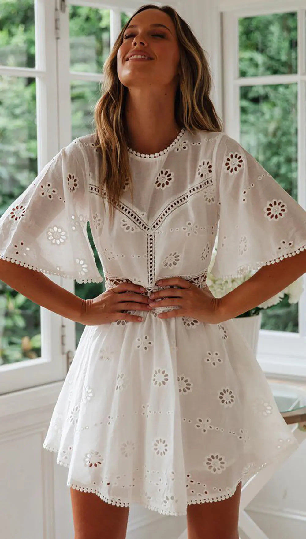 WildPinky Flare Sleeve Cotton White Lace Dress Women Casual Ladies Summer High Waist Short Dress Backless Hollow Out Vestidos