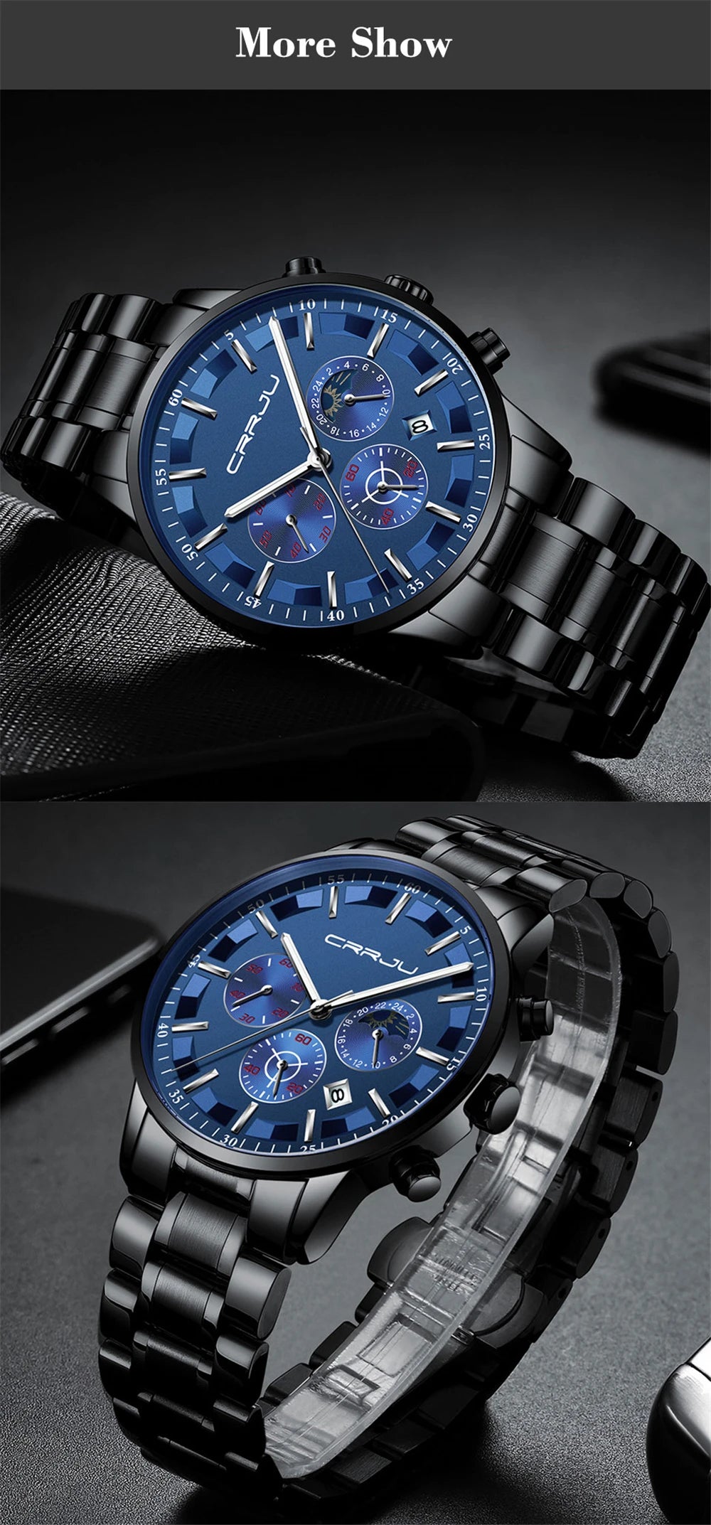 CRRJU Mens Watches Top Brand Luxury Fashion Business Quartz Watch Men Sport Full Steel Waterproof Black Clock Relogio Masculino