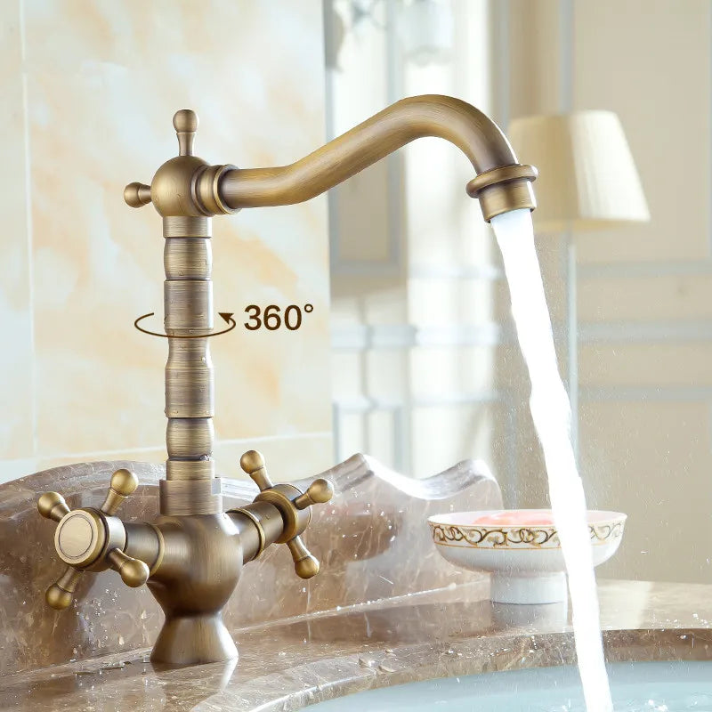 ZGRK Dual Handles Basin Faucet Brass Bronze Finished Mixer Taps 360 Rotation Antique Bath Sink Faucet Deck Mounted Water Taps