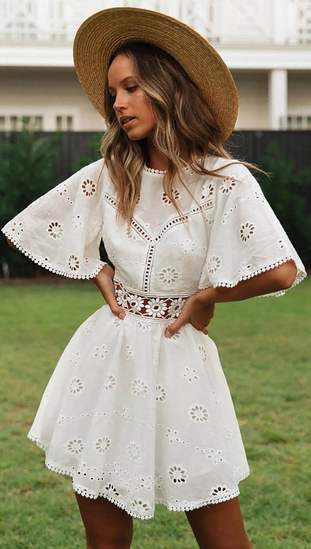 WildPinky Flare Sleeve Cotton White Lace Dress Women Casual Ladies Summer High Waist Short Dress Backless Hollow Out Vestidos