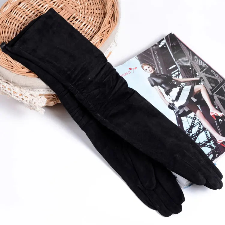 2025 Fall/Winter Fashion Women Pigskin Suede Genuine Leather Fold Long Glove Lady 30/40/50cm Black/Pink/Red Classic Luvas Mujer