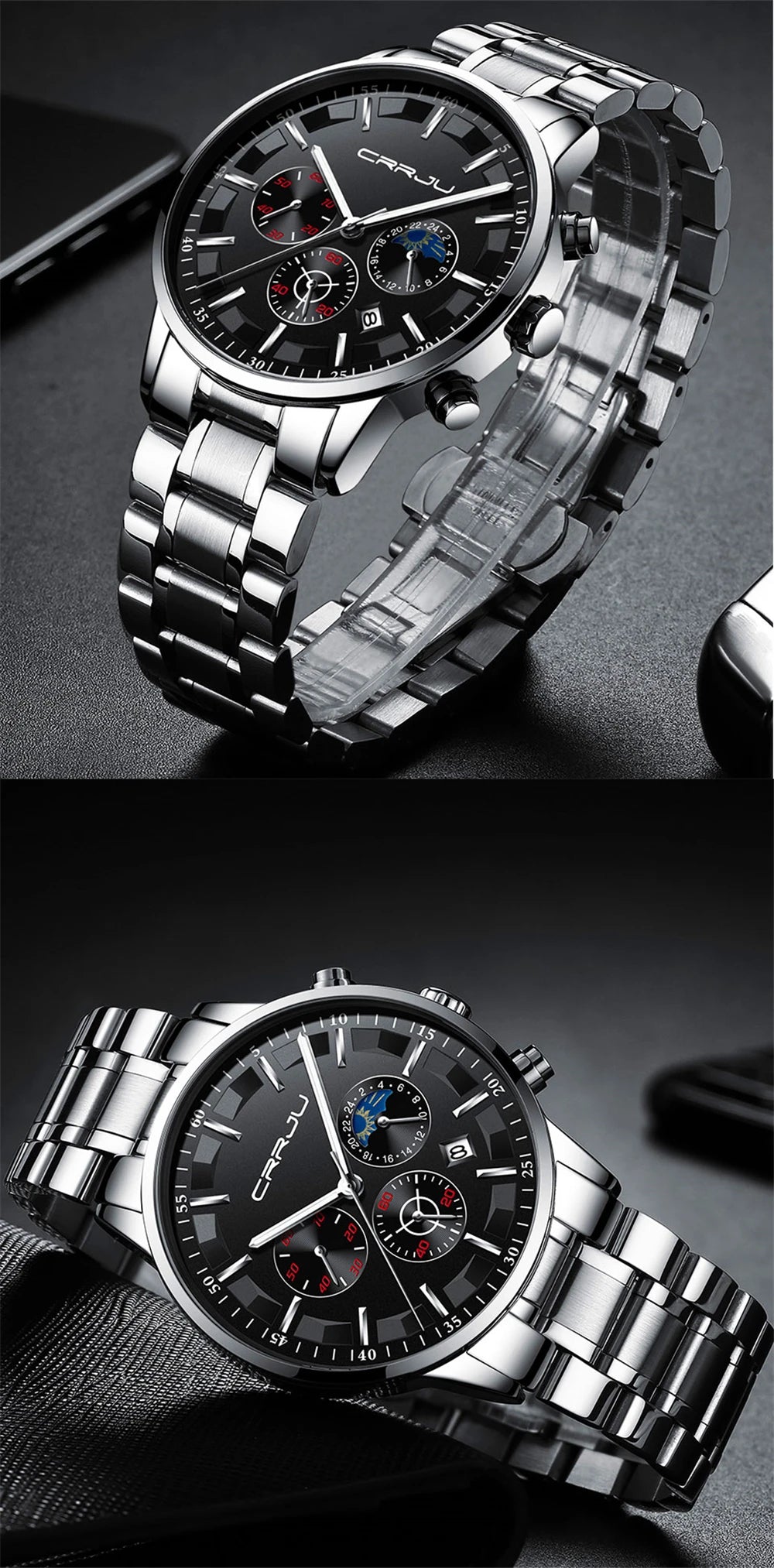 CRRJU Mens Watches Top Brand Luxury Fashion Business Quartz Watch Men Sport Full Steel Waterproof Black Clock Relogio Masculino