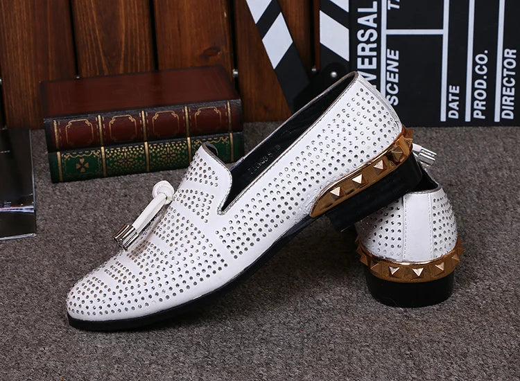 NA033 Big Size 46 Designer Men Suede Dress Shoes White Wedding Shoe Party Crystal Men Loafers Knot Smoking Slipper Male Flats