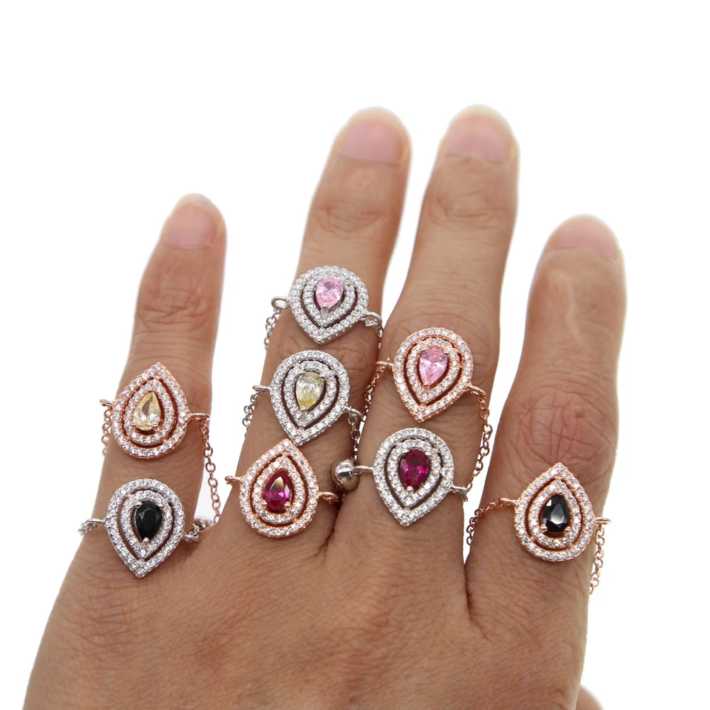 European France Hot Selling Delicate Minimal Micro Pave CZ Diamond Tear Drop Chain Ring