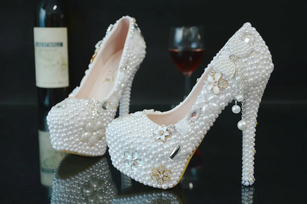 BS031 White Color Rhinestone Pearls Wedding High Heel Shoes Women up Heel Platform Shoe Size 35-42 Lady's Party Shoes 14cm Heels