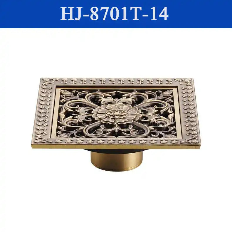Shower Drains 12*12cm Square Bath Drains Strainer Hair Antique Brass Art Carved Bathroom Floor Drain Waste Grate Drain HJ-8701T