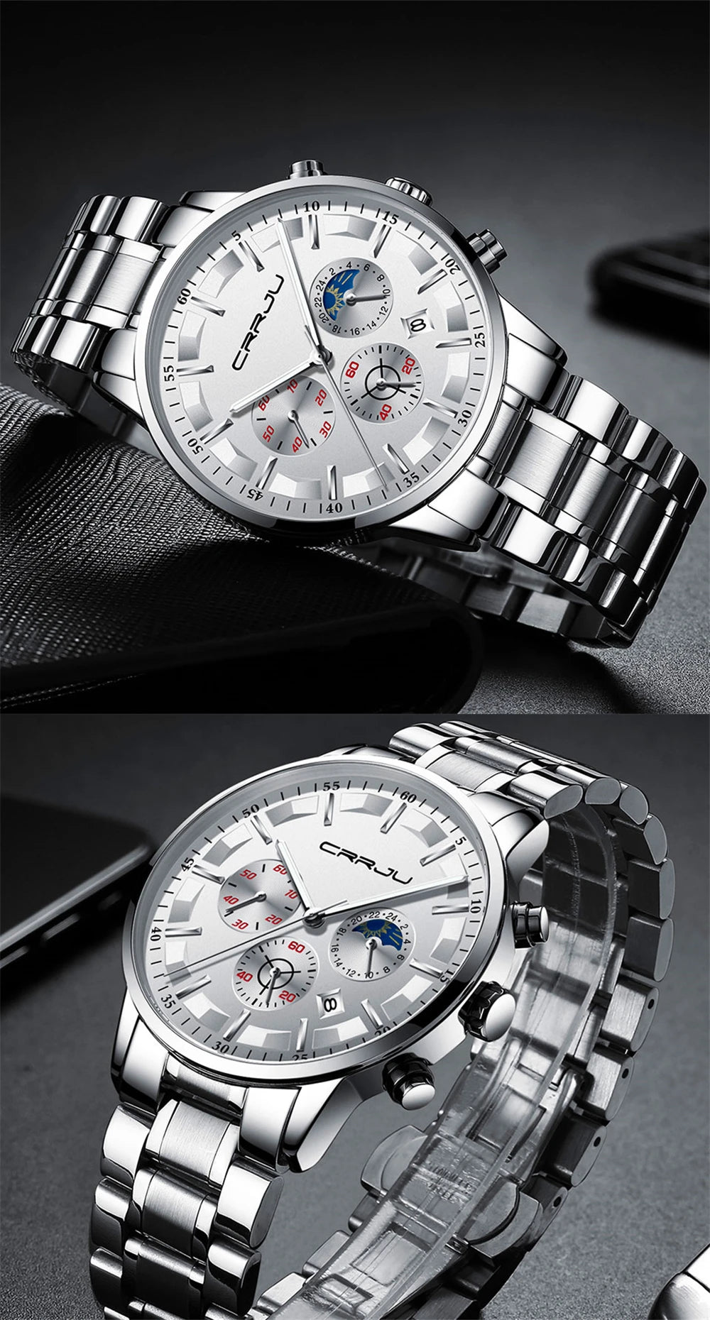 CRRJU Mens Watches Top Brand Luxury Fashion Business Quartz Watch Men Sport Full Steel Waterproof Black Clock Relogio Masculino