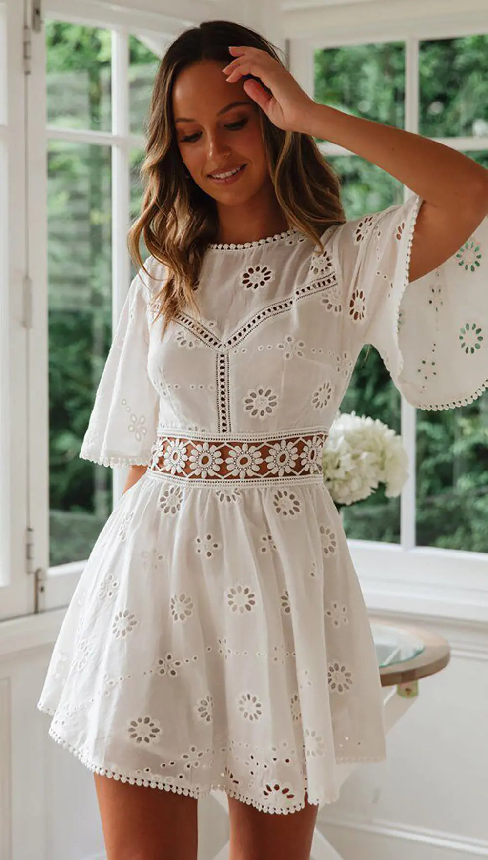 WildPinky Flare Sleeve Cotton White Lace Dress Women Casual Ladies Summer High Waist Short Dress Backless Hollow Out Vestidos