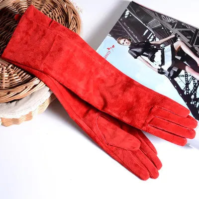 2025 Fall/Winter Fashion Women Pigskin Suede Genuine Leather Fold Long Glove Lady 30/40/50cm Black/Pink/Red Classic Luvas Mujer