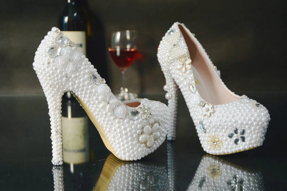 BS031 White Color Rhinestone Pearls Wedding High Heel Shoes Women up Heel Platform Shoe Size 35-42 Lady's Party Shoes 14cm Heels