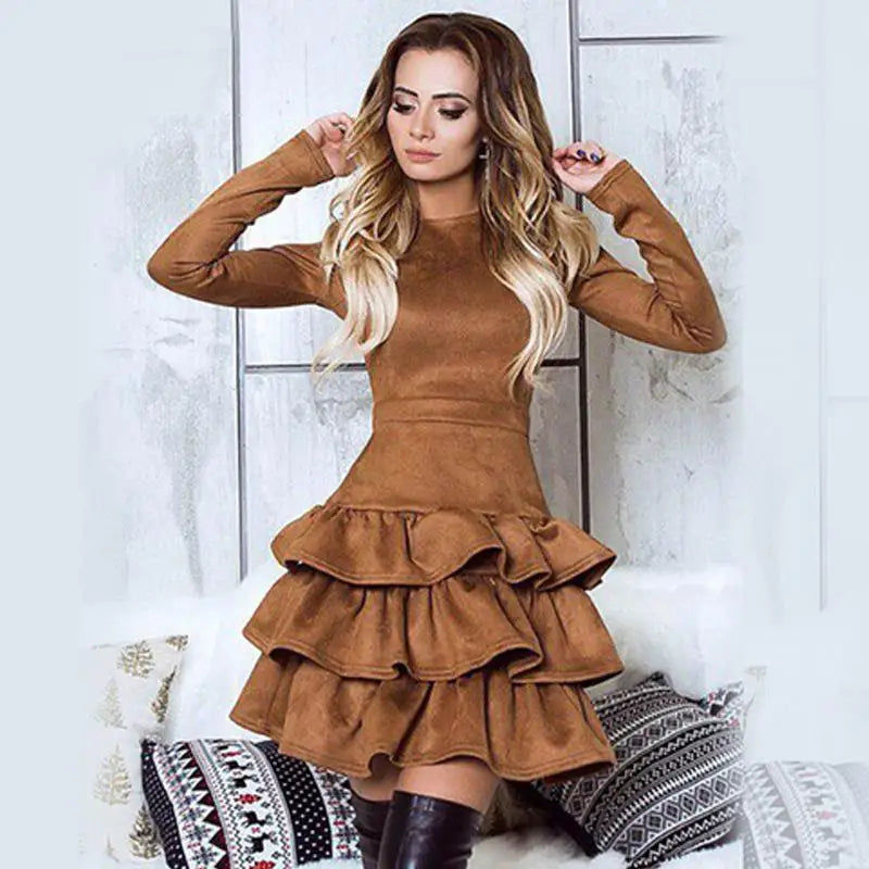 Sexy Slim High Waist Cake Dresses For Women Spring Autumn Winter Solid O-Neck Mini Suede Dress Female Party Short Gown vestido