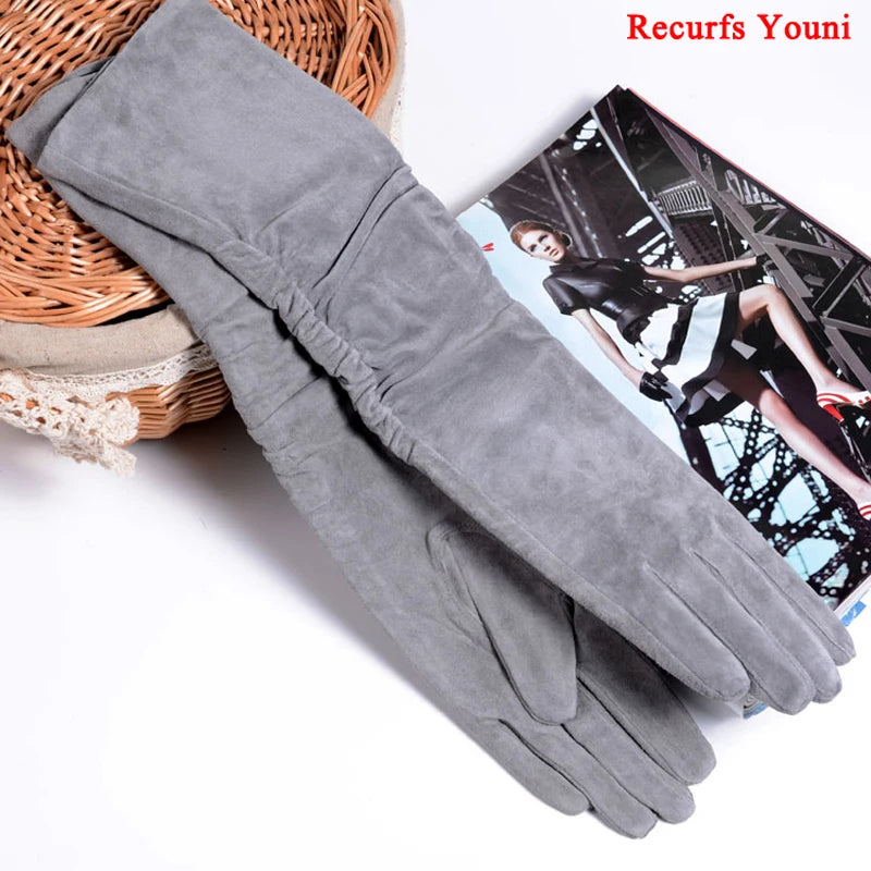 2025 Fall/Winter Fashion Women Pigskin Suede Genuine Leather Fold Long Glove Lady 30/40/50cm Black/Pink/Red Classic Luvas Mujer