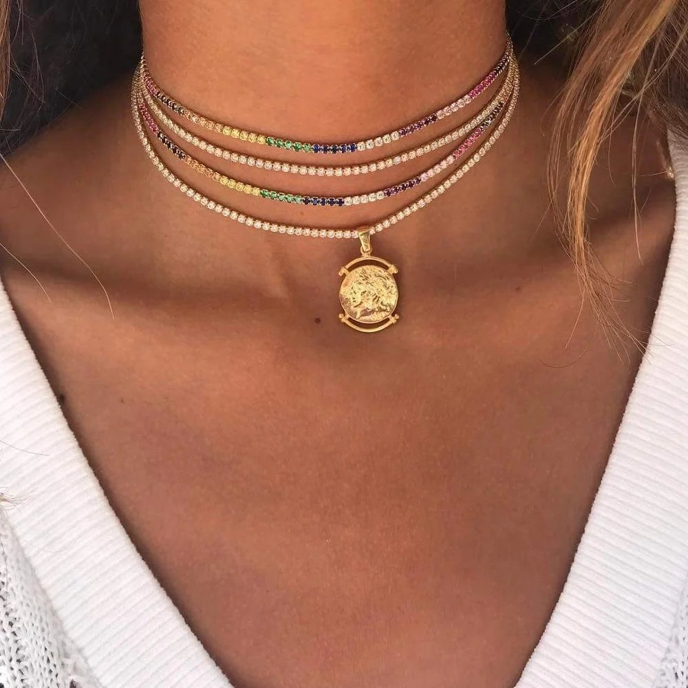 2024 New Arrived Hot Selling European Women Jewelry Choker 2mm CZ Tennis Chain rainbow Necklace for Women