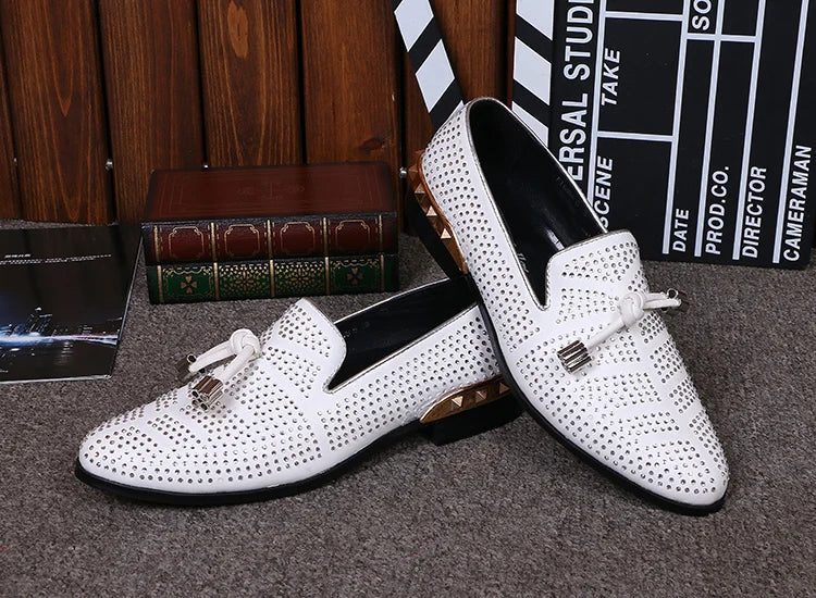 NA033 Big Size 46 Designer Men Suede Dress Shoes White Wedding Shoe Party Crystal Men Loafers Knot Smoking Slipper Male Flats